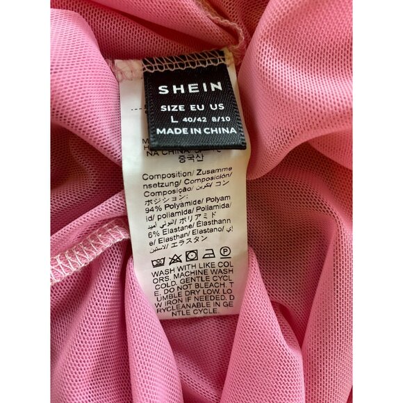 Pink Mesh Ruched Long Sleeve V-Neck Hi Low Dress Sexy Bodycon Barbie Large Date - Picture 3 of 5